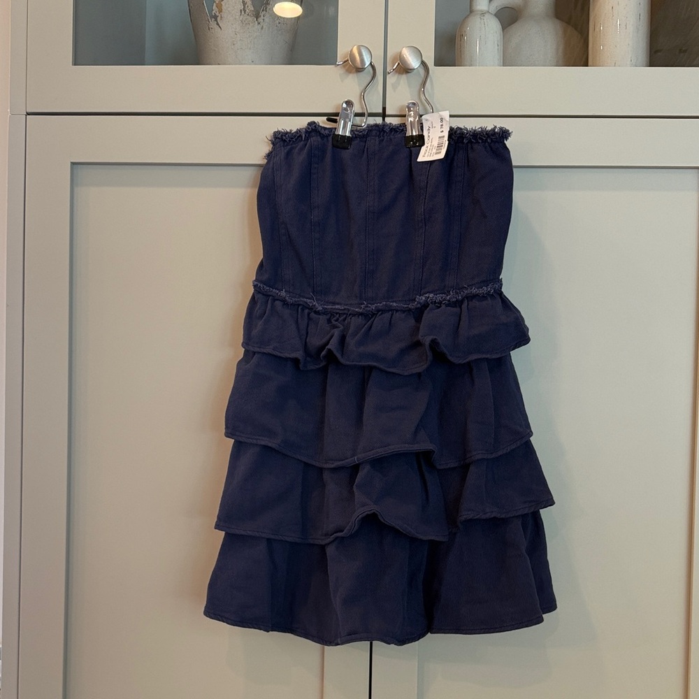 SO ME Navy Blue Strapless Ruffle Mini Dress